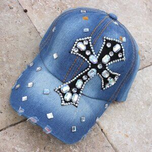 Faith Inspirational Cross Aurora Borealis Rhinestone Cap Hat Stud 100% Cotton